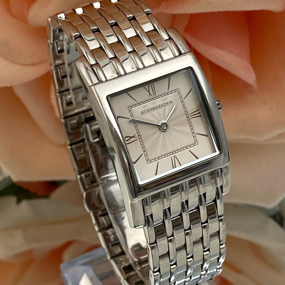 BCBGMaxAzria Stainless Steel Tank Style Dress Watch Roman Numerals